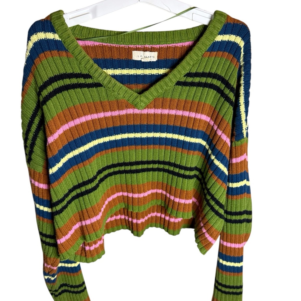 La Hearts Multicolor Striped V-Neck Sweater